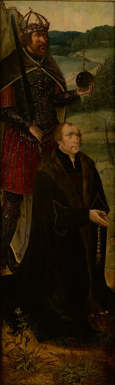 král Konstantin a dárce; jedno křídlo oltářního obrazu (olej na desce) od Joos van (follower of) Cleve