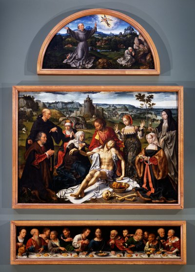 Oltářní obraz uložení se stigmaty svatého Františka, uložení Krista a Poslední večeře z kostela Menších bratří v Janově, kolem roku 1520 od Joos van Cleve
