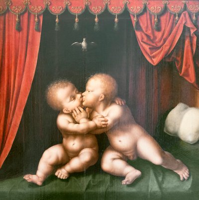 Svatá nemluvňata sv. Jana Křtitele a Krista v objetí od Joos van Cleve