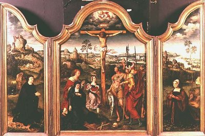 Triptych: Ukřižování po stranách s klečícími donátory (olej) od Joos van Cleve