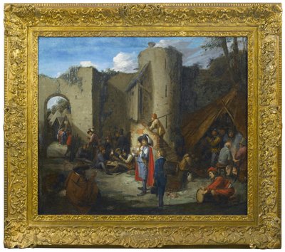 Důstojník čtoucí dopis ve vojenském táboře u hradeb hradu od Joos van Craesbeeck