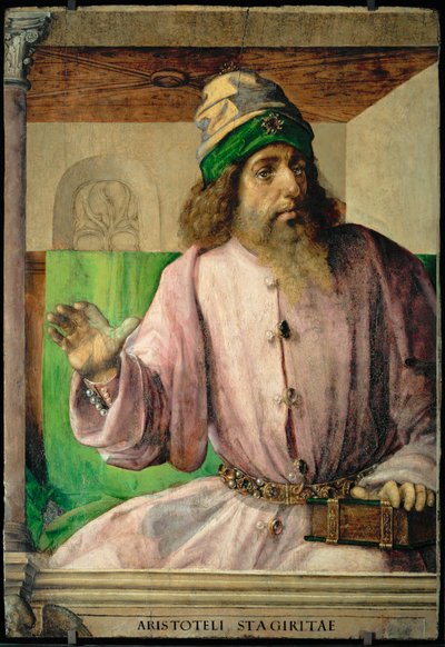 Aristoteles, griechischer Philosoph, aus einer Serie von 28 Porträts, um 1475 für das Studiolo von Federigo da Montefeltre gemalt von Joos van Gent (fl.1460-75)
