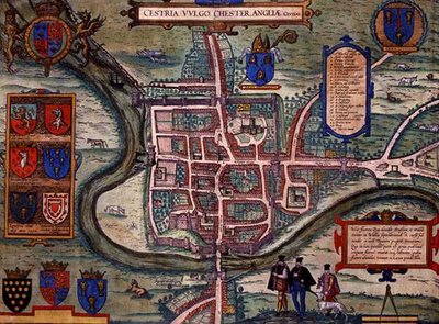 Mapa Chesteru z knihy "Civitates Orbis Terrarum" od Georga Brauna (1541-1622) a Franse Hogenberga (1535-90), asi 1572-1617 (kolorovaná rytina) od Joris (after) Hoefnagel