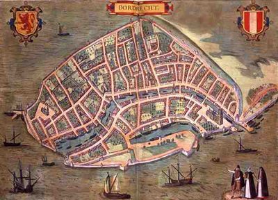 Mapa Dordrechtu, z „Civitates Orbis Terrarum“ od Georga Brauna (1541-1622) a Franse Hogenburga (1535-90), kolem 1572 (barevná rytina) od Joris (after) Hoefnagel