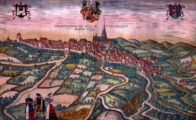 Mapa Frankenburgu, z „Civitates Orbis Terrarum“ od Georga Brauna (1541-1622) a Franse Hogenberga (1535-90) kolem 1572-1617 (barevná rytina) od Joris (after) Hoefnagel