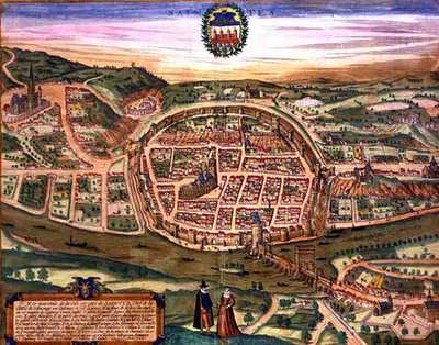 Mapa Saintes, z „Civitates Orbis Terrarum“ od Georga Brauna (1541-1622) a Franse Hogenberga (1535-90) od Joris (after) Hoefnagel