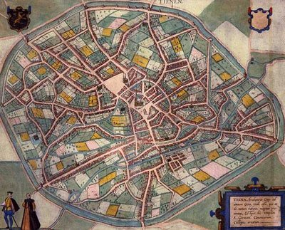 Mapa Tienen, z „Civitates Orbis Terrarum“ od Georga Brauna (1541-1622) a Franse Hogenberga (1535-90) kolem 1572-1617 (barevná rytina) od Joris (after) Hoefnagel