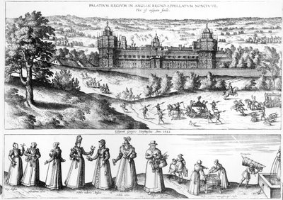 Příjezd královny Alžběty I. do paláce Nonsuch a mužů a žen z Tudorovské společnosti, 1582 od Joris Hoefnagel