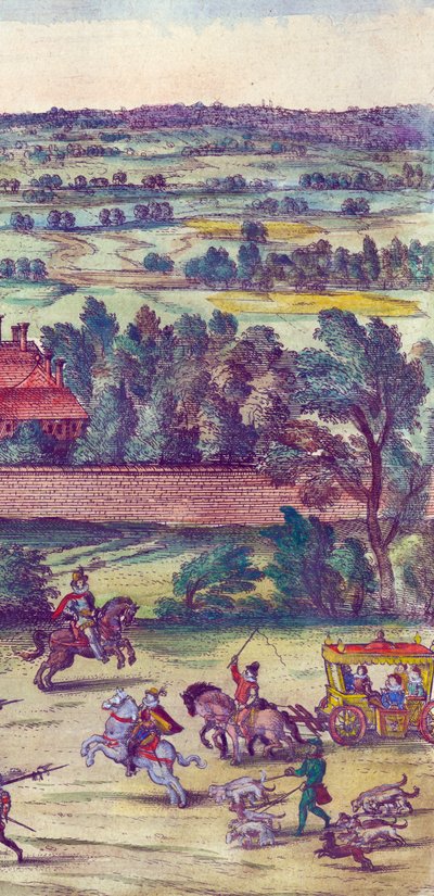 Dvořané a lovečtí psi doprovázející příjezd královny Alžběty I. do paláce Nonsuch, 1598, ručně kolorovaná mědirytina, detail 324184 od Joris Hoefnagel