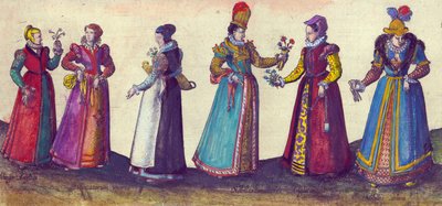 Anglické ženy alžbětinské éry, 1598 (ručně kolorovaná mědirytina) od Joris Hoefnagel