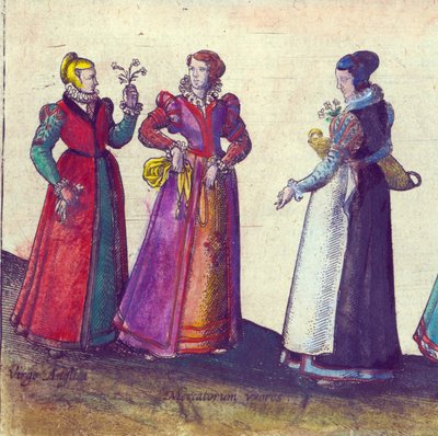 Anglické ženy alžbětinské éry, 1598 (ručně kolorovaná mědirytina) od Joris Hoefnagel