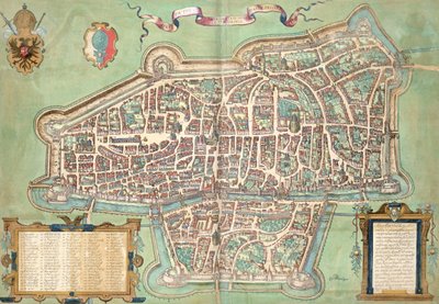 Mapa Augsburgu, z „Civitates Orbis Terrarum“ od Georga Brauna (1541-1622) a Franse Hogenberga (1535-90), kolem 1572 od Joris Hoefnagel