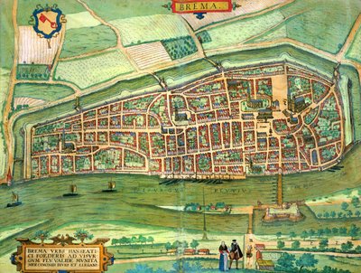 Mapa Brém, z „Cities of the World“ od Georga Brauna (1541-1622) a Franse Hogenberga (1535-90) kolem 1572-1617 od Joris Hoefnagel