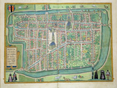 Mapa Delftu z knihy "Civitates Orbis Terrarum" od Georga Brauna (1541-1622) a Franse Hogenberga (1535-90), asi 1572-1617. od Joris Hoefnagel