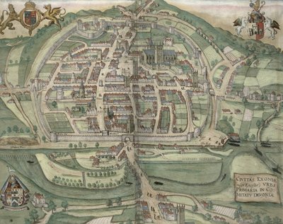 Mapa Exeteru, z „Civitates Orbis Terrarum“ od Georga Brauna (1541-1622) a Franse Hogenberga (1535-90) kolem 1572-1617 od Joris Hoefnagel