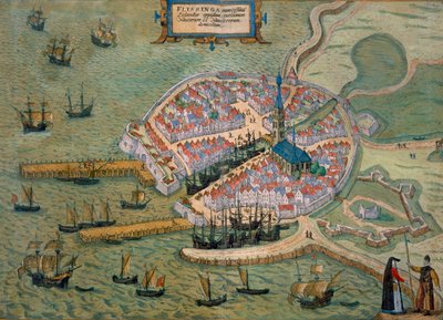 Mapa Flissingy, z „Civitates Orbis Terrarum“ od Georga Brauna (1541-1622) a Franse Hogenberga (1535-90) kolem 1572-1617 od Joris Hoefnagel
