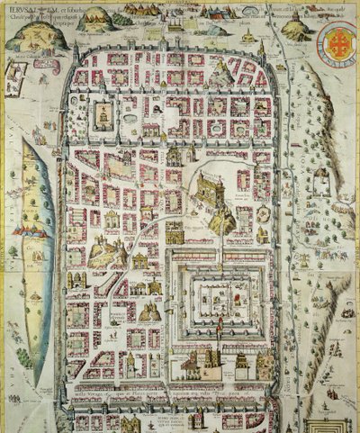 Mapa Jeruzaléma a okolí, z „Civitates Orbis Terrarum“ od Georga Brauna (1541-1622) a Franse Hogenberga (1535-90) kolem 1572-1617 (viz 138906) od Joris Hoefnagel