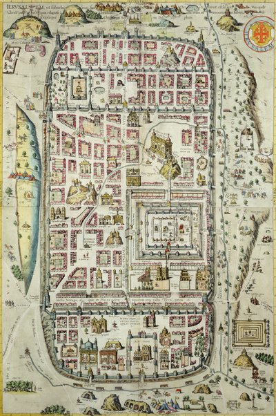 Mapa Jeruzaléma a okolí, z „Civitates Orbis Terrarum“ od Georga Brauna (1541-1622) a Franse Hogenberga (1535-90) kolem 1572-1617 (viz 138905-96) od Joris Hoefnagel