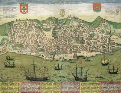 Mapa Lisabonu, z „Civitates Orbis Terrarum“ od Georga Brauna (1541-1622) a Franse Hogenberga (1535-90), kolem 1572 od Joris Hoefnagel