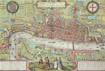 Mapa Londýna, z „Civitates Orbis Terrarum“ od Georga Brauna (1542-1622) a Franse Hogenburga (1635-90), kolem 1572 (viz také 51896 a 58543) od Joris Hoefnagel