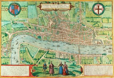 Mapa Londýna, z „Civitates Orbis Terrarum“, od Georga Brauna (1542-1622) a Franse Hogenburga (1635-90), kolem 1572 (viz také 51896 a 66112) od Joris Hoefnagel
