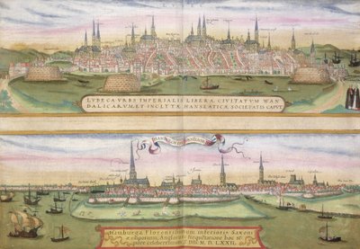 Mapa Lübecku a Hamburku, z „Civitates Orbis Terrarum“ od Georga Brauna (1541-1622) a Franse Hogenberga (1535-90), kolem 1572 (barevná rytina) od Joris Hoefnagel