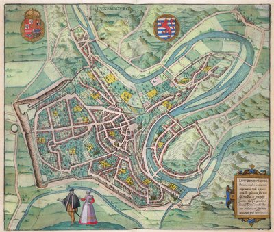 Mapa Lucemburska, z „Civitates Orbis Terrarum“ od Georga Brauna (1541-1622) a Franse Hogenberga (1535-90) kolem 1572-1617 od Joris Hoefnagel
