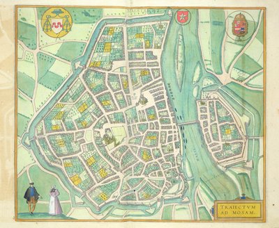 Mapa Maastrichtu, z „Civitates Orbis Terrarum“ od Georga Brauna (1541-1622) a Franse Hogenberga (1535-90) kolem 1572-1617 od Joris Hoefnagel