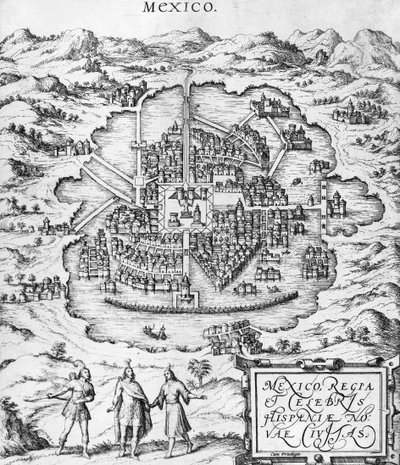 Mapa Mexika, ilustrace z „Civitates Orbis Terrarum“ od Georga Brauna (1541-1622) a Franse Hogenberga (1535-90) kolem 1572 od Joris Hoefnagel