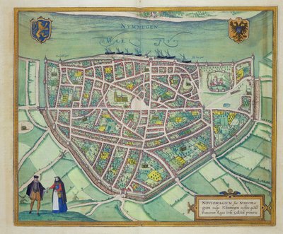 Mapa Nijmegenu, z „Civitates Orbis Terrarum“ od Georga Brauna (1541-1622) a Franse Hogenberga (1535-90) kolem 1572-1617 od Joris Hoefnagel