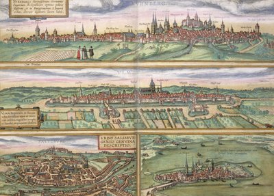 Mapa Norimberku, Ulmu a Saltzburgu z „Civitates Orbis Terrarum“ od Georga Brauna (1541-1622) a Franse Hogenberga (1535-90), kolem 1572 (barevná rytina) od Joris Hoefnagel