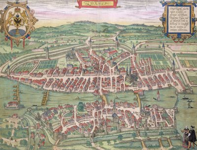 Mapa Curychu, z „Civitates Orbis Terrarum“ od Georga Brauna (1541-1622) a Franse Hogenberga (1535-90) kolem 1572-1617 od Joris Hoefnagel
