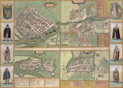 Mapy Galway, Dublinu, Limericku a Corku, z „Civitates Orbis Terrarum“ od Georga Brauna (1541-1622) a Franse Hogenberga (1535-90), kolem 1573 od Joris Hoefnagel