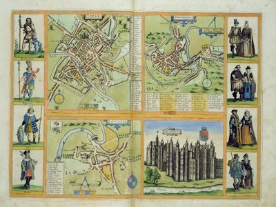 Mapy Yorku, Shrewsbury, Lancasteru a Richmondu, z „Civitates Orbis Terrarum“ od Georga Brauna (1541-1622) a Franse Hogenberga (1535-90) kolem 1572-1617 od Joris Hoefnagel