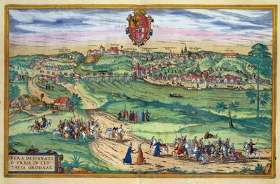 Plán města Grodno, z „Civitates Orbis Terrarum“ od Georga Brauna (1541-1622) a Franse Hogenberga (1535-90), kolem 1572 od Joris Hoefnagel