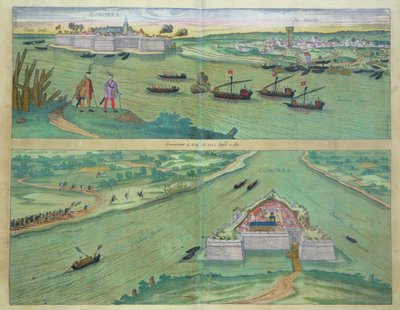 Dva pohledy na Comorru, z „Civitates Orbis Terrarum“ od Georga Brauna (1541-1622) a Franse Hogenburga (1535-90), kolem 1572 od Joris Hoefnagel
