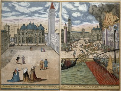 Pohled na San Marco a Palazzo Ducale v plamenech z „Civitates Orbis Terrarum“ od Georga Brauna (1541-1622) a Franse Hogenberga (1535-90) 1578 od Joris Hoefnagel