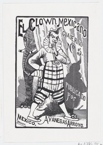 Klaun stojící s jednou rukou na boku a slon vykukující zezadu..., ca. 1880-1910. od José Guadalupe Posada