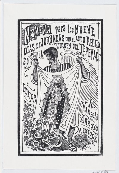 Muž zvedající kus látky s obrázkem Panny Marie, ilustrace pro ..., ca. 1880-1910. od José Guadalupe Posada