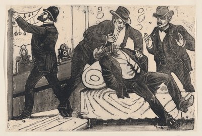 Muž, který bodl jiného muže do hrudníku, zatímco jeho spolupracovníci rabovali obchod, z..., ca. 1890-1891. od José Guadalupe Posada