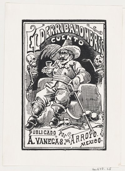 Muž se zbraněmi a dýmkou v ústech, po stranách dvě kostry, ilustrace..., ca. 1880-1910. od José Guadalupe Posada