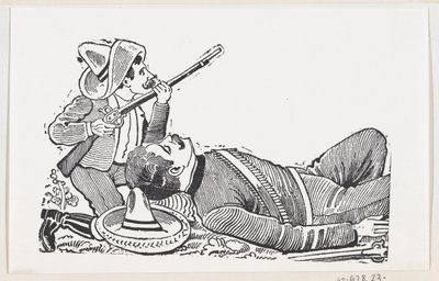 Revolucionář držící pušku a klečící na ochranu padlého revolucionáře, c..., ca. 1880-1910. od José Guadalupe Posada