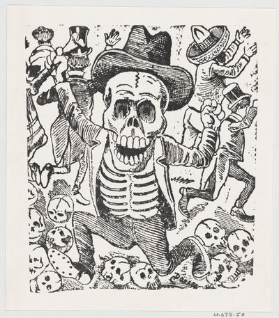 Kostra drží kost a skáče přes hromadu lebek, zatímco lidé prchají, fr..., ca. 1907. od José Guadalupe Posada