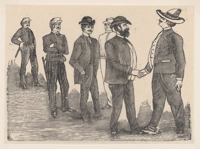 Dva muži si potřásají rukama v popředí a důstojníci je sledují v pozadí..., ca. 1880-1910. od José Guadalupe Posada