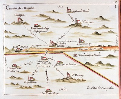 ALZATE, Jose Antonio (1737-1799). Vědec a spisovatel. Plán mexické arcidiecéze. Farnost Otumba (Otumba nebo Ozumba) A farnost Axapulco (Acapulco). 1767. Rytina Jose Antonia Alzateho. Rytina. ŠPANĚLSKO. KASTILIE-LA-MANCHA. Toledo. Stát P od Jose Antonio Alzate
