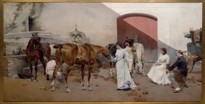 J.Cusachs y Cusachs, Pferdewechsel / Gemälde, 1901 od Jose Cusachs y Cusachs