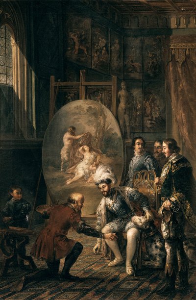 ""Císař Karel V. (1500-1558) zvedl štětec malíře Tiziana Vecellia řekl Tizian (1485-1576), malíř na dvoře císaře"" Obraz Jose Felipe Parra (1824-1864) Valencie 19. století, Museo de Bellas Artes San Pio V od Jose Felipe Parra