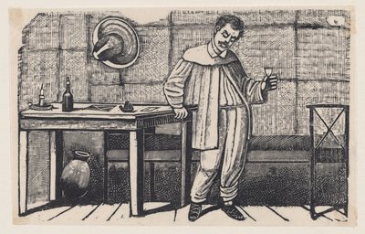 Muž se sklenicí v ruce, hledící dolů a opírající se o stůl, ilustrace z díla „El huérfano“ od José Guadalupe Posada