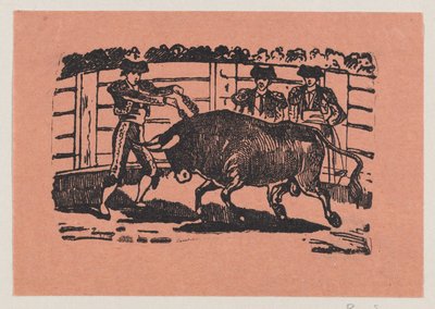Ein Torero platziert Banderillas in die Schultern des Stiers, während zwei Männer hinter dem Stier stehen od José Guadalupe Posada