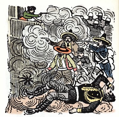 Mexická revoluce (1910-1920): útok na dům Aquiles Serdan (1876-1910). Xylografie od Jose Guadalupe Posada (1852-1913). od José Guadalupe Posada